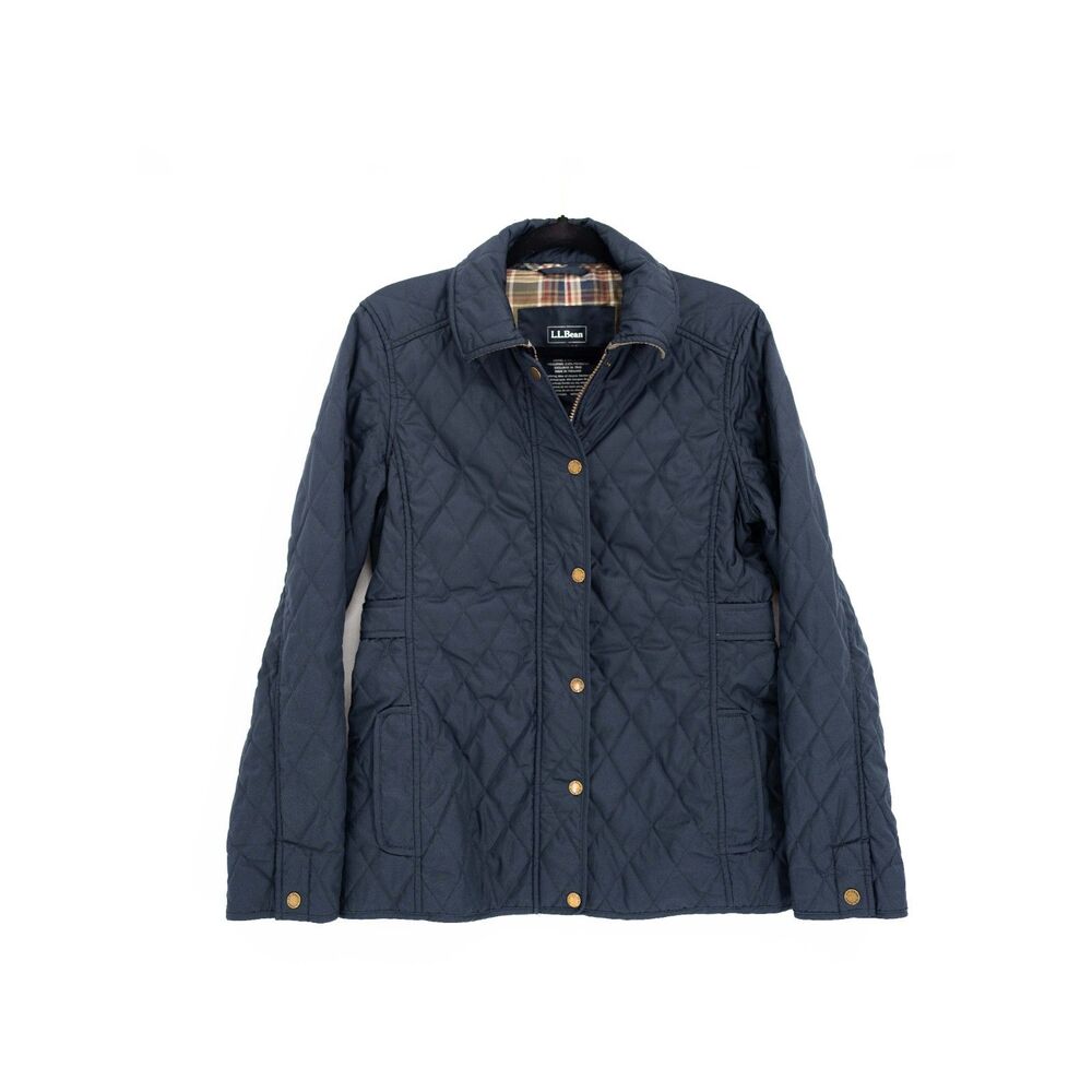LL Bean Womens XS Quilted Jacket Navy Blue With Plaid Flannel Lining Fall Coat